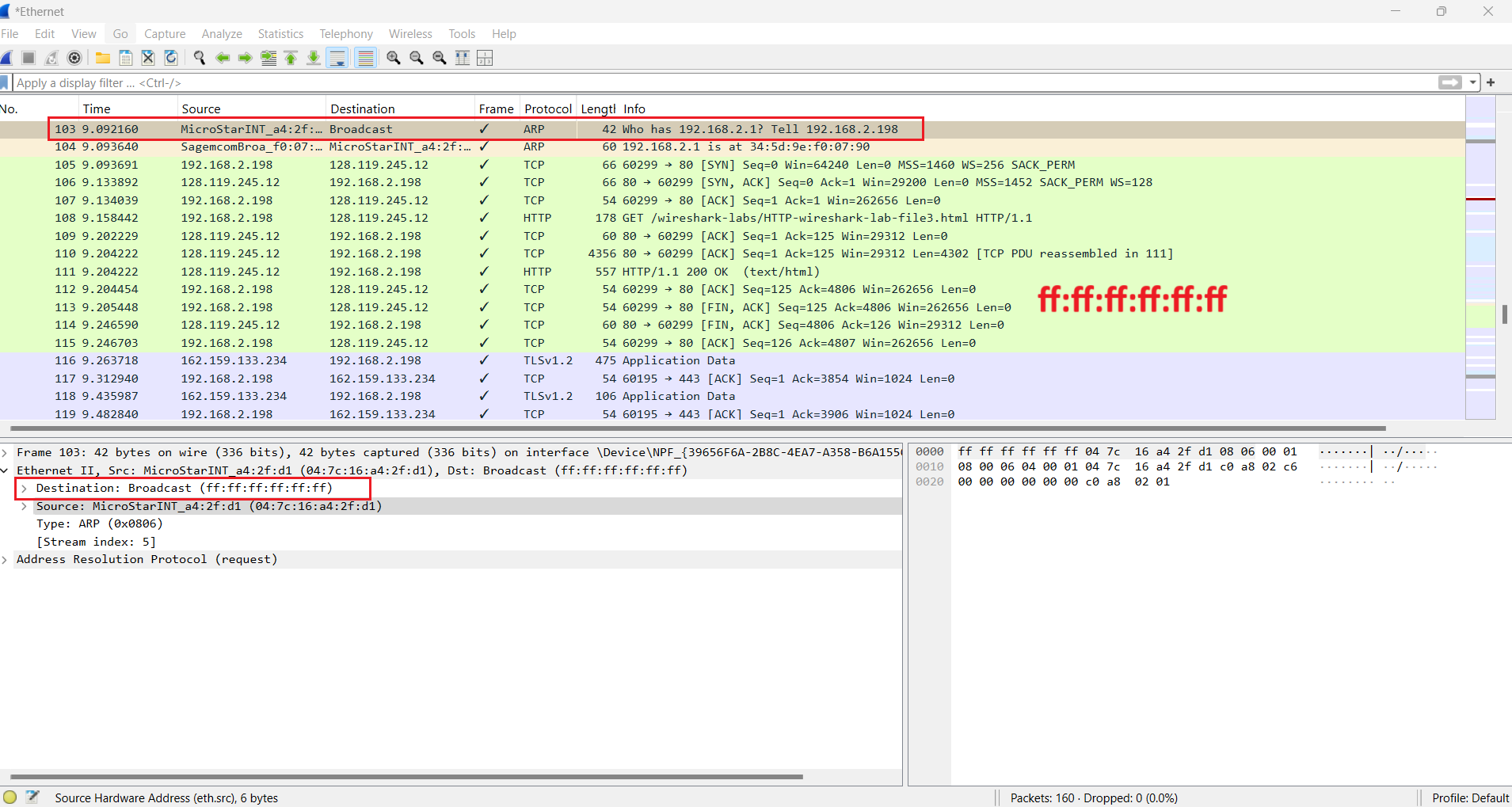 Wireshark ARP request showing broadcast destination MAC address