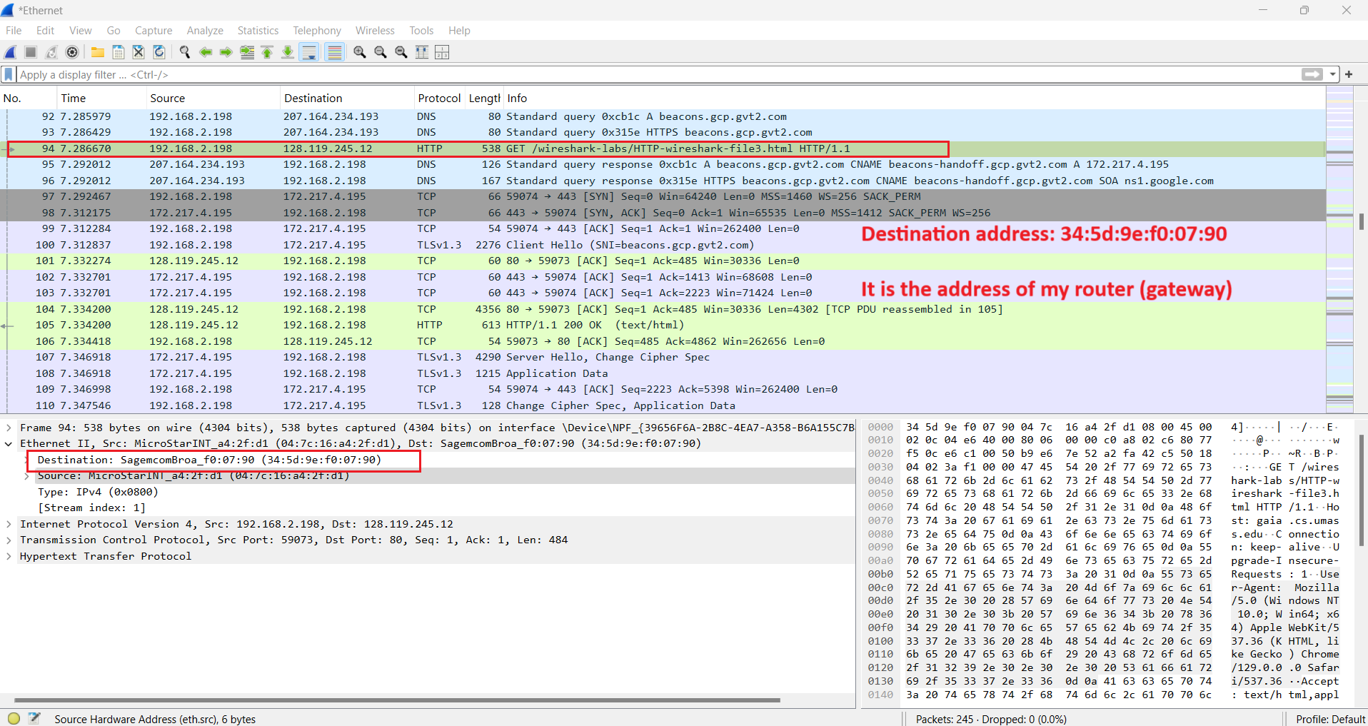 Wireshark Ethernet frame showing HTTP GET sent to the gateway MAC address