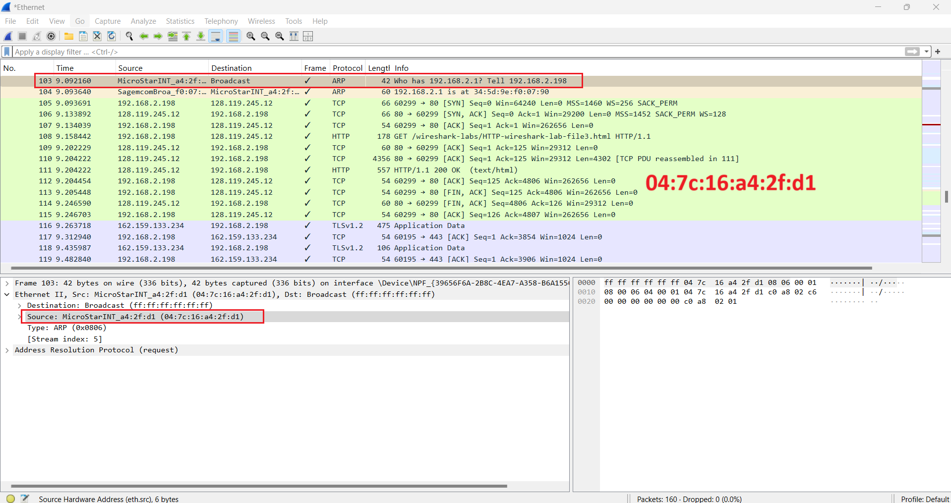 Wireshark ARP request showing source MAC address