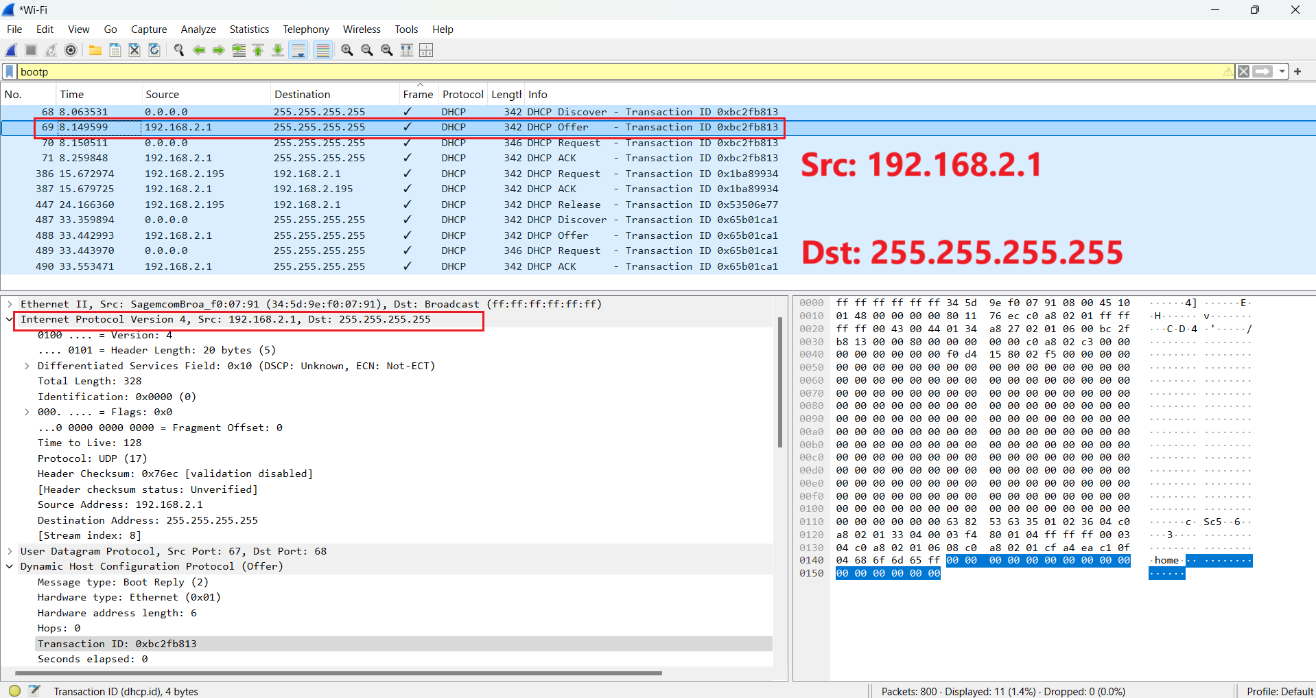 Wireshark DHCP Offer with offered IP address