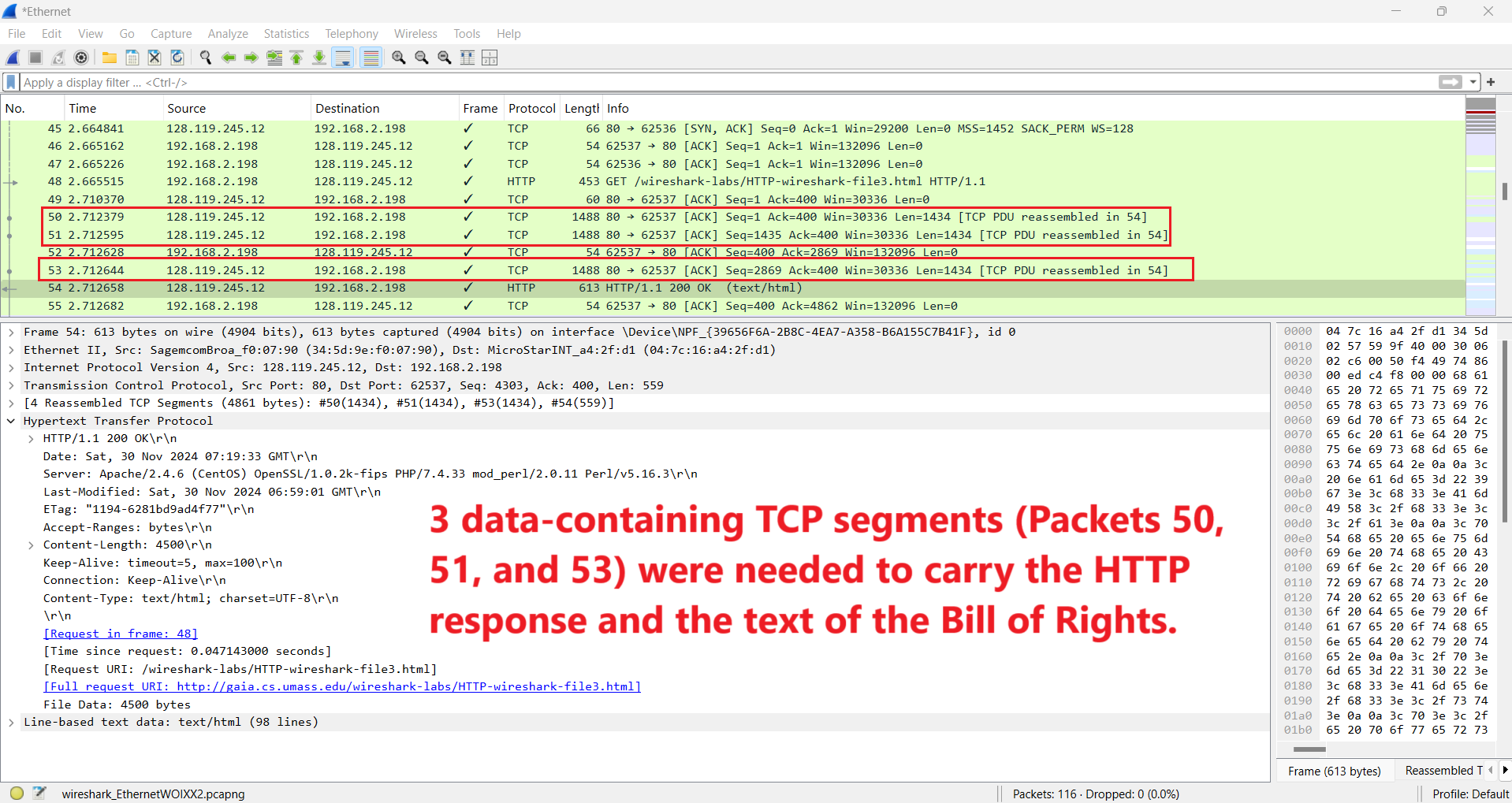 HTTP response reassembled from TCP segments